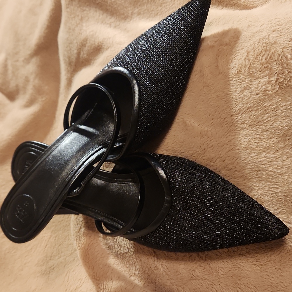 Zara Black Glitter Kitten Heel Mules